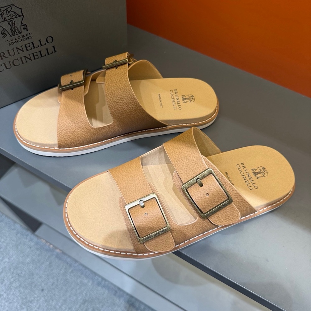 Brunello Cucinelli Beige-Tan Double Buckle Leather Slides - Picture 9 of 9